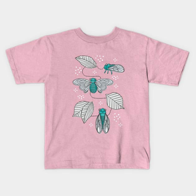 Cicadas in Pink + Teal Kids T-Shirt by latheandquill